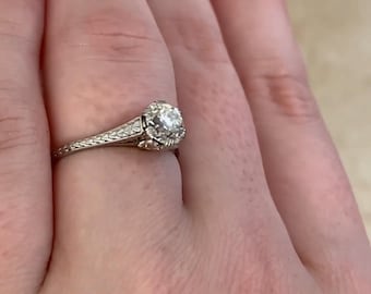 Antique Art Deco Ring. 0.85center-ct Old European Cut Diamond Engagement Ring. Diamond Engagement, Circa 1925. Handcrafted Platinum Ring.