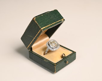 4center-ct Antique Cushion Cut Diamond Engagement Ring. Bezel Set Ring. Halo of Old European Cut Diamond Ring. Made in a Platinum Ring.