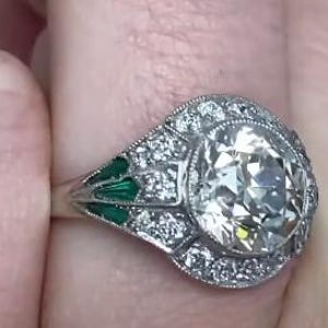 2.42center-ct Art Deco Style Old European Cut Diamond Engagement Ring with a Halo Emerald Accent. Platinum Ring.