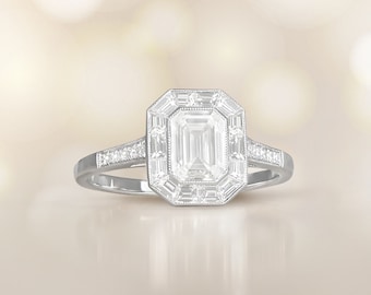 1ct GIA-Certified Emerald Cut Diamond Engagement Ring. Platinum Ring.