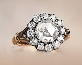 Victorian Style 1.26 Carat Rose Cut Diamond Halo Floral Engagement Ring - Total Diamond Weight Approx. 1.98 Carats