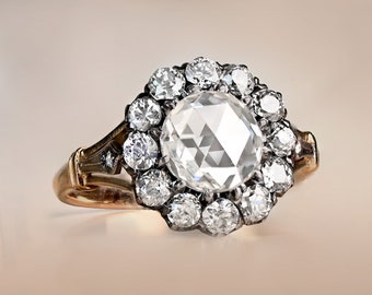 Victorian Style 1.26 Carat Rose Cut Diamond Halo Floral Engagement Ring - Total Diamond Weight Approx. 1.98 Carats