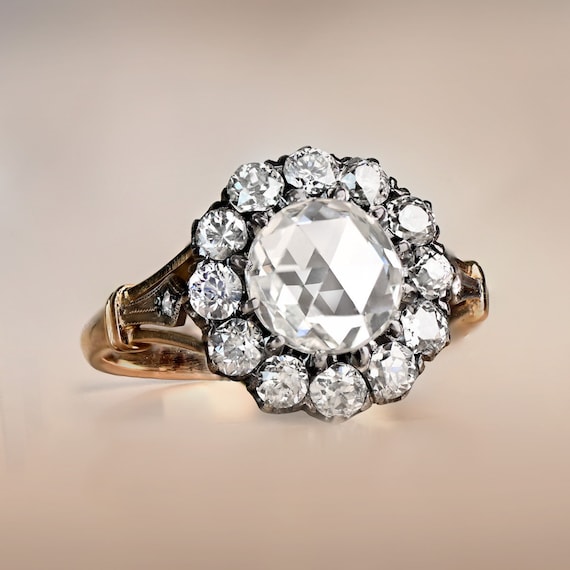 Victorian Style 1.26 Carat Rose Cut Diamond Halo Floral Engagement Ring Total Diamond Weight Approx. 1.98 Carats Etsy