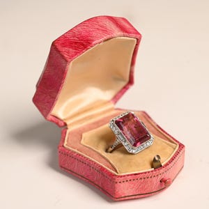 12.11center-ct Emerald Cut Center Rubellite Ring. Halo Old European Cut and Two Baguette Cut Diamonds Accent. Made in Platinum Ring.