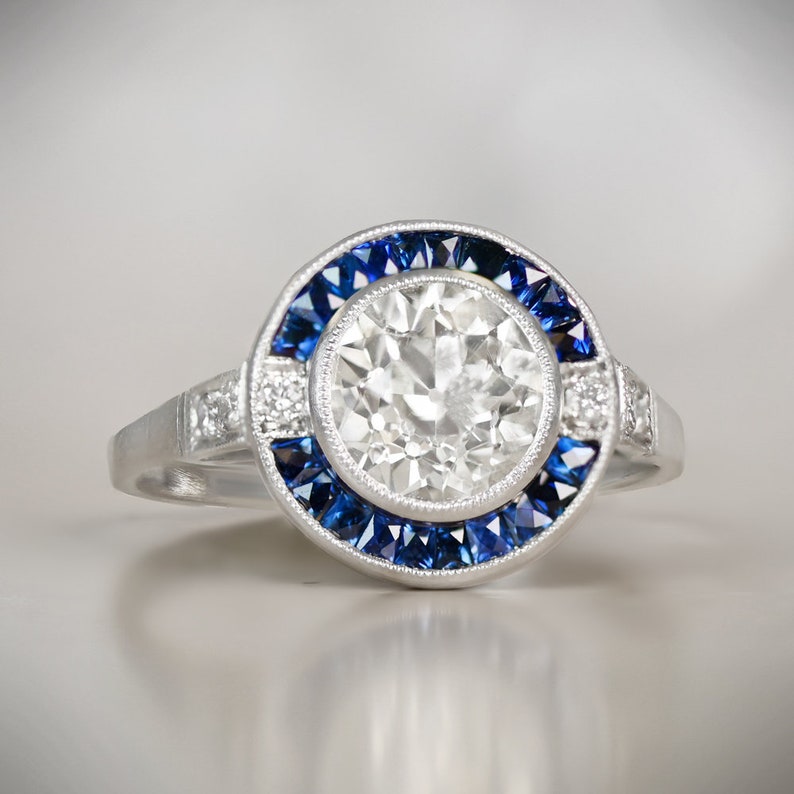 1.41ct Old European Cut Diamond Ring with Halo Sapphire Accent. Platinum Ring. image 1