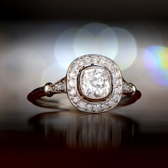 Antique Diamond Halo Engagement Ring With 60 Old Mine Cushion Etsy