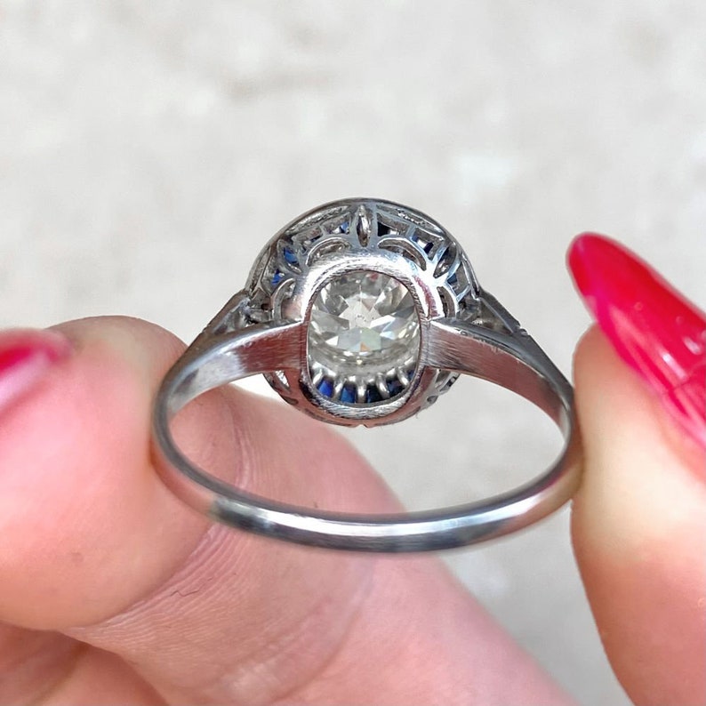 1.41ct Old European Cut Diamond Ring with Halo Sapphire Accent. Platinum Ring. image 8