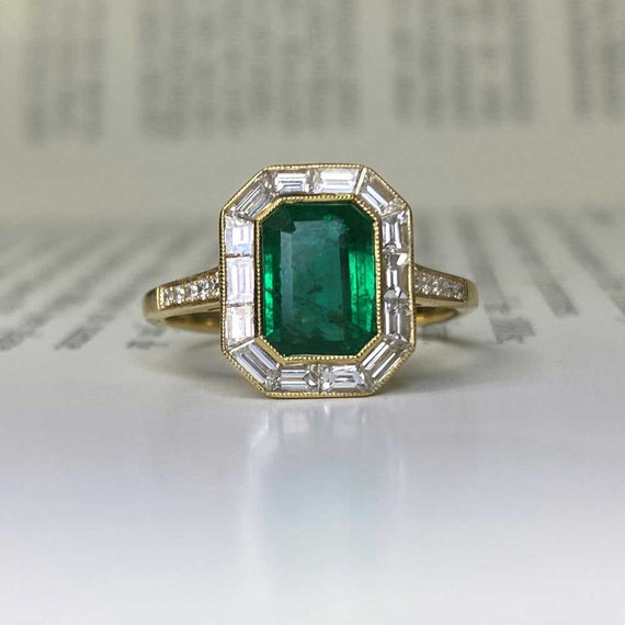 1.62ct Natural Emerald Cut Emerald and Diamond Ri… - image 1
