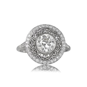 1.12 Carat Old European Cut Diamond Engagement Ring Center Stone Surrounded by Open-Work and Diamond Halo image 2