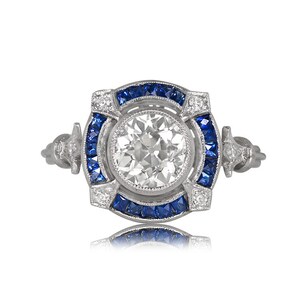 1.31ct Art Deco Style Old European Cut Diamond Engagement Ring with Halo Sapphire Accent. Platinum Ring. image 2