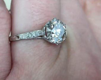 0.65center-ct Old European Cut Diamond Engagement Ring. Cluster of Diamond Ring. Floral Halo Diamond Ring. Platinum and 18k Yellow Gold Ring