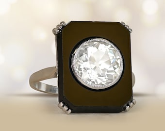 Onyx and Diamond Ring.  Antique Art Deco 2.25-Carat Diamond Ring, Circa 1920. Handcrafted Platinum Ring.
