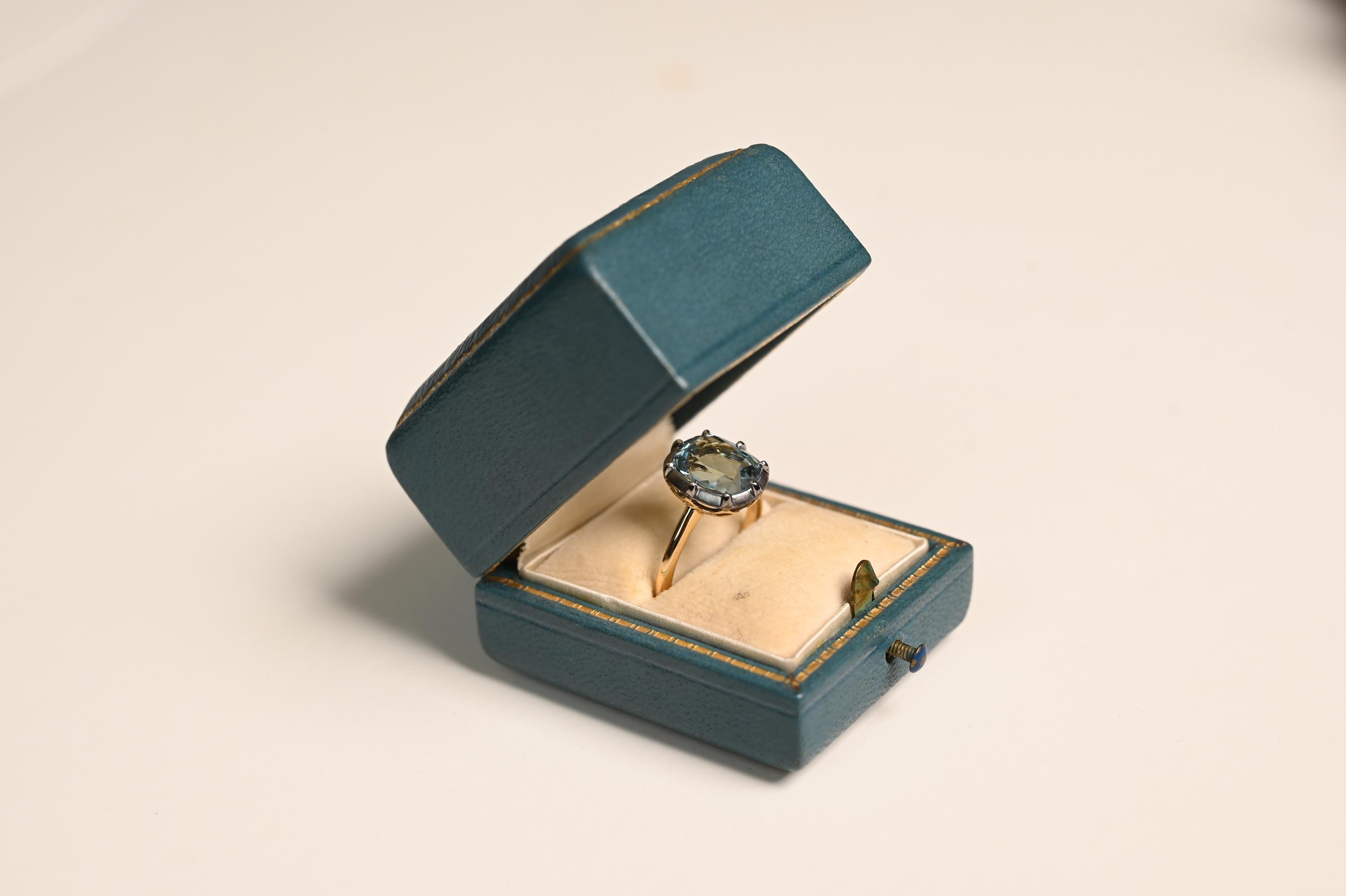 2.79center-ct Cushion Cut Aquamarine Ring. March Birthstone Ring. Handcrafted Platinum in 18K Yellow Gold Ring. Aquamarine Birthstone Ring.
