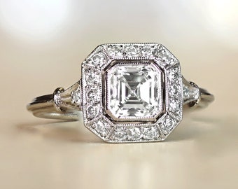 0.84 Carat Asscher-Cut Diamond Engagement Ring - GIA certified H color, VVS2 - Hand-Crafted Platinum