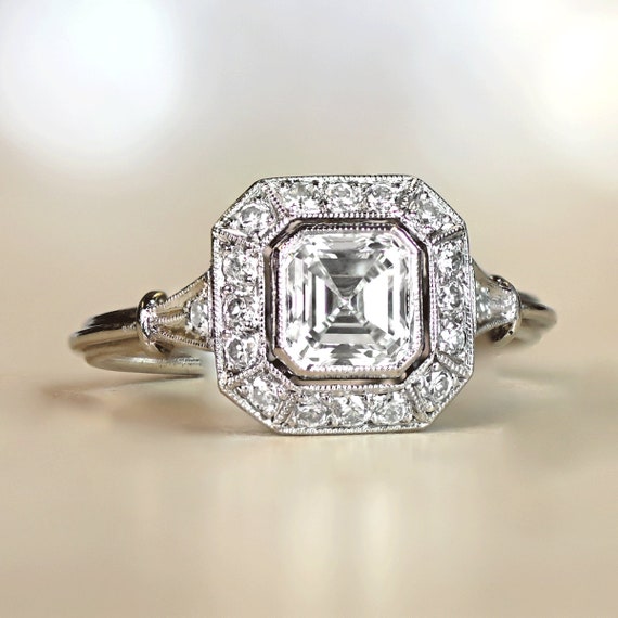 Fine Art Deco Style Handcrafted Platinum 0.53 Carat Asscher Cut Diamond  Halo Engagement Ring (GIA) - WeilJewelry