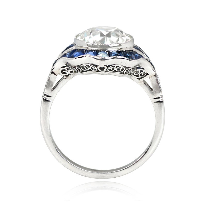 3.01 Carat Old European Cut Diamond and French Cut Sapphire Halo Ring image 4