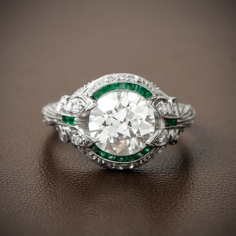 Rare and Pristine Art Deco Style Engagement Ring , Emerald and Diamond Halo , Bow Motif