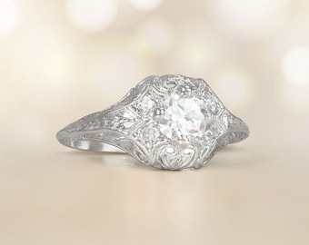 Antique Art Deco 0.50ct Old European Cut Diamond Ring, Circa 1930. Handcrafted Platinum Ring.