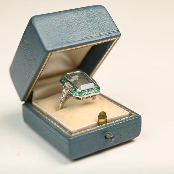 6.36center-ct Emerald Cut Aquamarine Ring. Two Baguette Cut Diamonds Ring. March Birthstone Ring. Platinum Ring. Aqua Birthstone Ring.