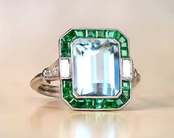 Sale - 3.22ct Aquamarine and Diamond Ring with Halo Emerald Accent. Handcrafted Platinum Ring.