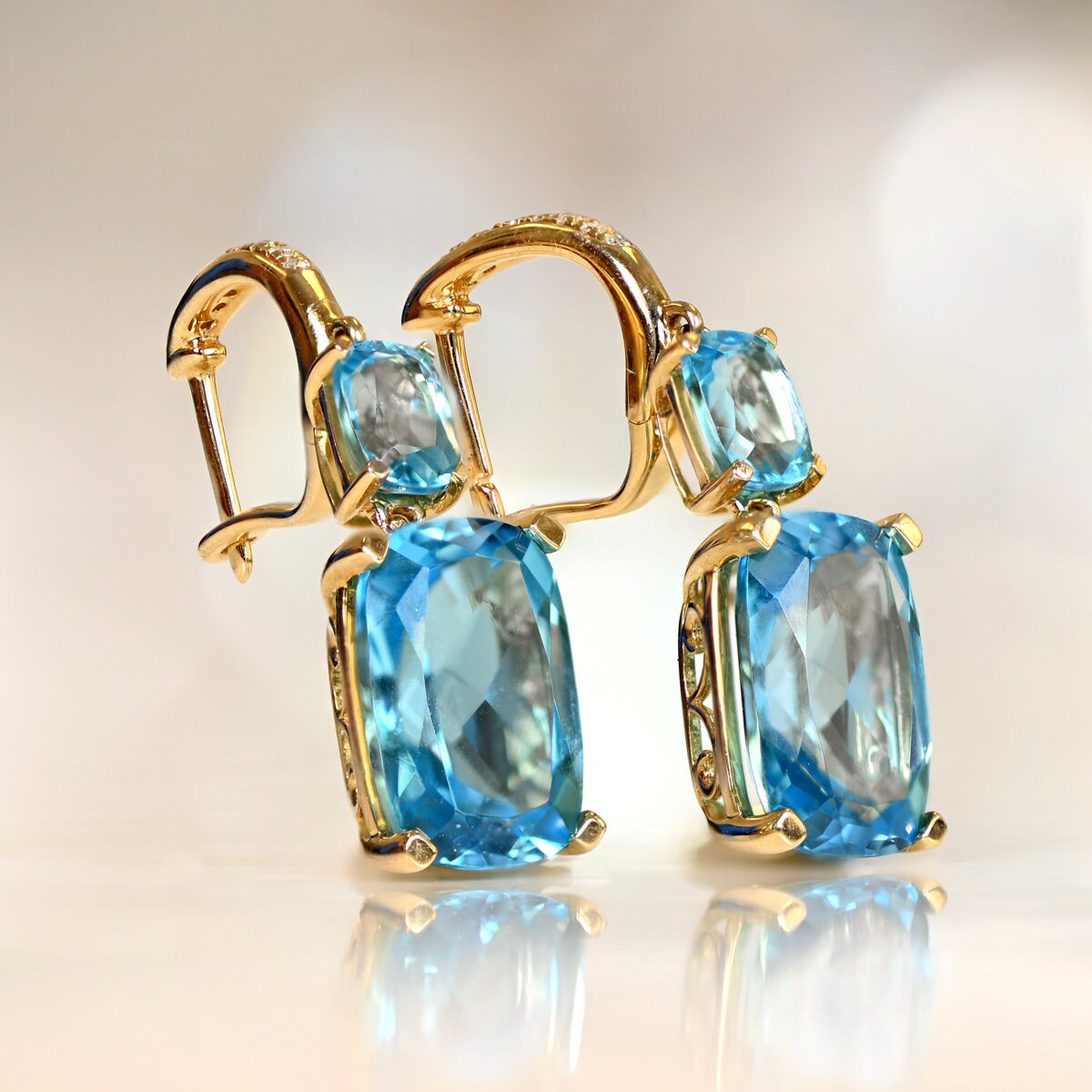 Buy Cushion Cut Blue Topaz Earrings. 18k Yellow Gold Earrings