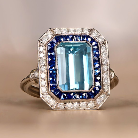 3.20 Carat Emerald-cut Aquamarine With Sapphire and Diamond | Etsy