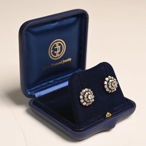 Antique Victorian Earring. 3center-ct Old Mine Cut Diamond Earring. Diamond Ring, Circa 1840. Handcrafted in 18K Yellow Gold Earrings.