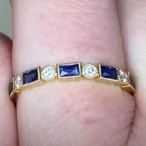 0.51center-ct Half-Eternity Style Sapphire and Diamond Wedding Band. Handcrafted in 18K Yellow Gold Band.