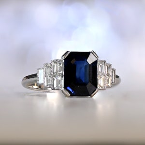 3.01 Carat Emerald Cut Sapphire and Diamond Ring - Platinum Hand-Crafted