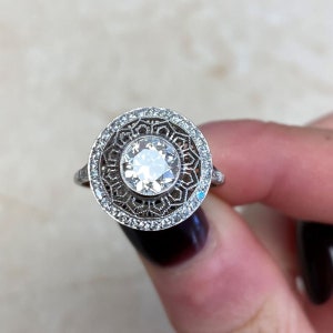 1.12 Carat Old European Cut Diamond Engagement Ring Center Stone Surrounded by Open-Work and Diamond Halo image 9