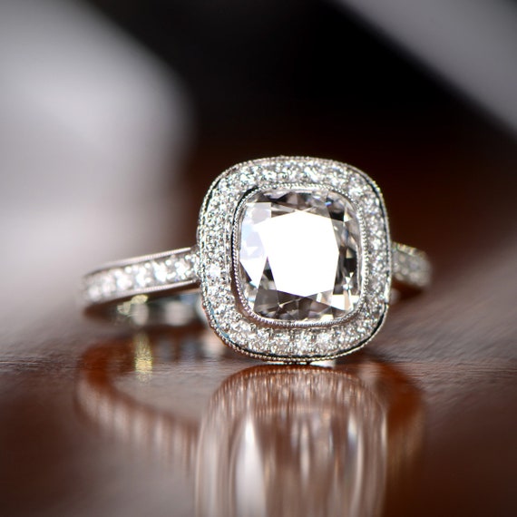 2 01 Carat Cushion Cut Diamond Halo Engagement Ring Vintage Etsy