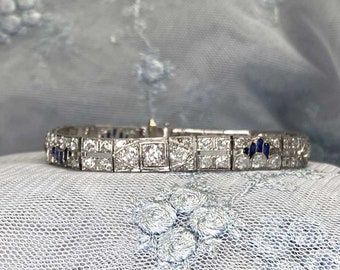 Antique Art Deco Old European Cut Diamond and Sapphire Bracelet, Circa 1925. Platinum Bracelet.