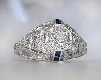 Antique Art Deco 0.45 Carat Old European Cut Diamond and Sapphire Accents Engagement Ring - Platinum Circa 1925