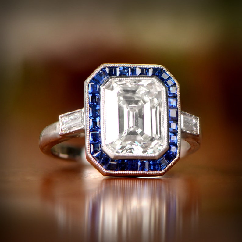 3.09ct Emerald Cut Diamond Platinum and Sapphire Halo Ring | Etsy