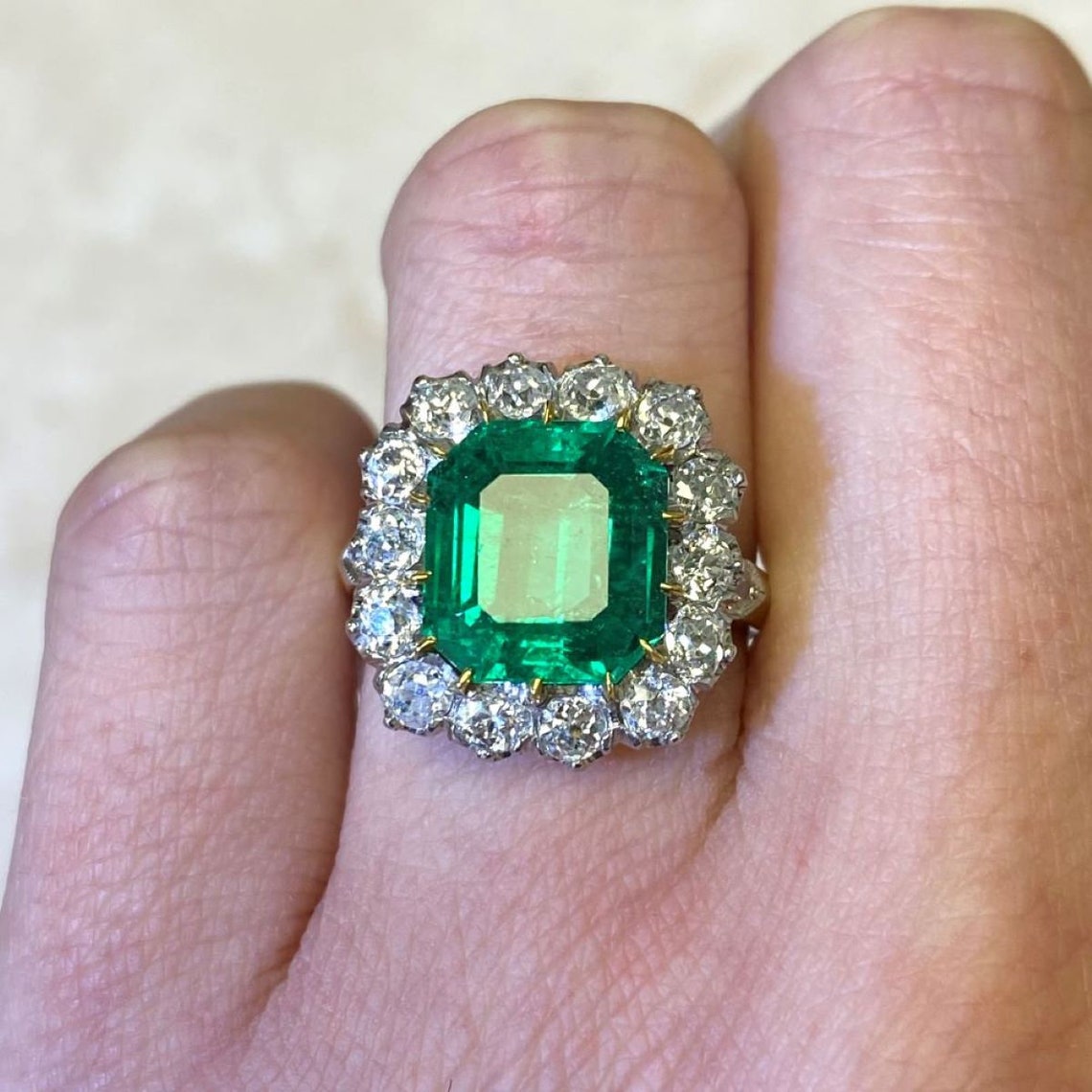 4.55 Carat Natural Columbian Emerald and Diamond Halo Ring image 1