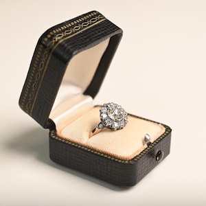 1.53center-ct Old European Cut Diamond Ring Prong Set. Floral Cluster Diamond Ring. Platinum 18K Yellow Gold Ring. J Color and VS2 Clarity.