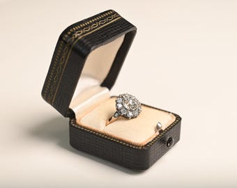 1center-ct Old European Cut Diamond Ring Prong Set. J Color and VS2 Clarity. Floral Cluster Diamond Ring. Platinum 18K Yellow Gold Ring.