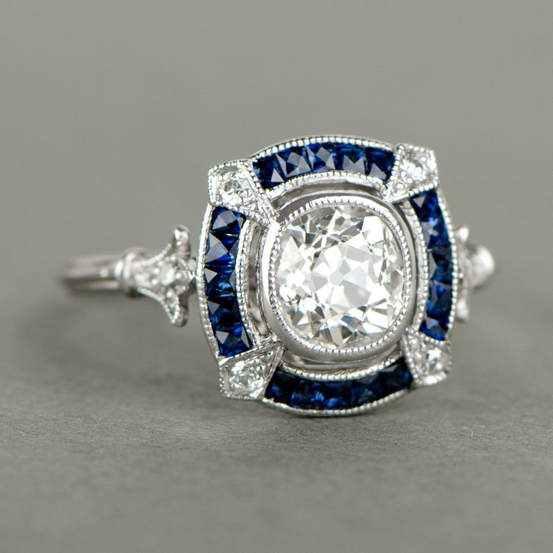 Antique Cushion Cut Diamond and Sapphire Halo Platinum Etsy