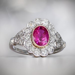 GIA Ruby Ring. 1.26ct Ruby and Natural Diamond Ring. 18K Yellow Gold Old European Ring. Handcrafted Platinum Ring.