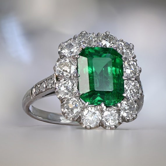 2.18ct Emerald Ring With a Cluster of Old European Cut Diamonds. Handcrafted Platinum Ring. Etsy