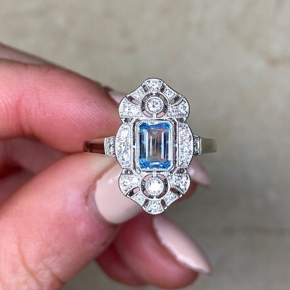 0.55ct Emerald Cut Aquamarine and Diamond Ring. P… - image 2