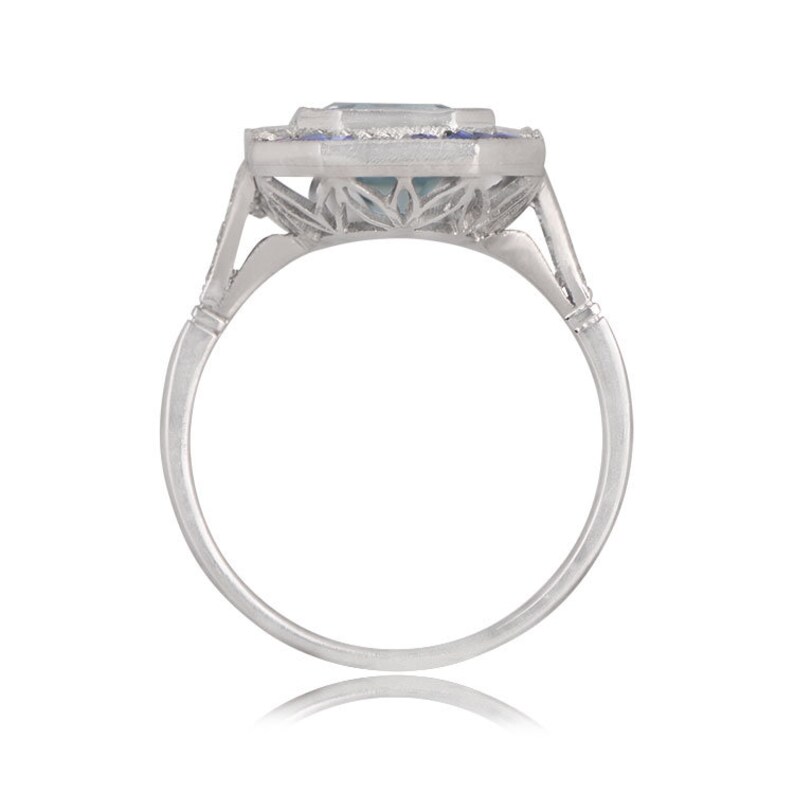 Emerald-Cut Aquamarine and Diamond Ring with Halo Sapphire Accent. Platinum Ring. image 4