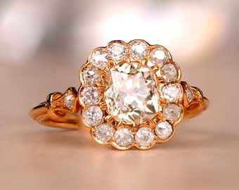 1.30ct Antique Cushion Cut Diamond Engagement Ring. Handcrafted in 18K Yellow Gold Ring.