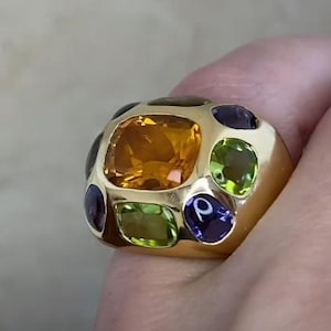Sale - Vintage Chanel Signed Cushion Cut Citrine Ring. Iolite and Peridot Citrine Ring. Chanel Cocktail 18K Yellow Gold Gemstone Ring.