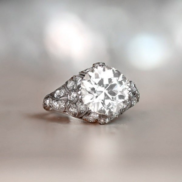 3.73 Carat Old European Cut Diamond and Platinum Bow Motif Engagement Ring