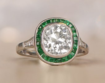 2.00 Carat Antique Cushion Cut Diamond with Natural Emerald Halo - Platinum Ring