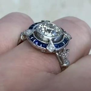 1.31center-ct Art Deco Style Ring.  Old European Cut Diamond Engagement Ring. Halo of French Cut Sapphire Accent. Made in Platinum Ring.