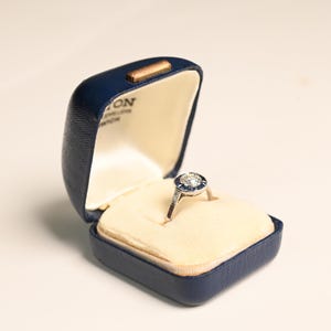 0.77center-ct Old European Cut Diamond and Sapphire Ring. Halo French Cut Sapphire Accent. Handcrafted in Platinum Ring.Diamond Ring.