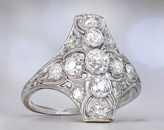 Art Deco Antique Ring - American Filigree Platinum and Diamond Elongated Ring.