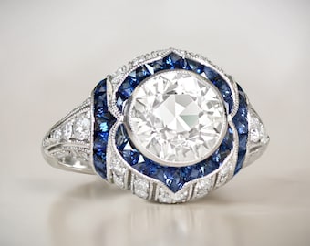 1.96ct Art Deco Style Old European Cut Diamond and Sapphire Ring. Handcrafted Platinum Ring.